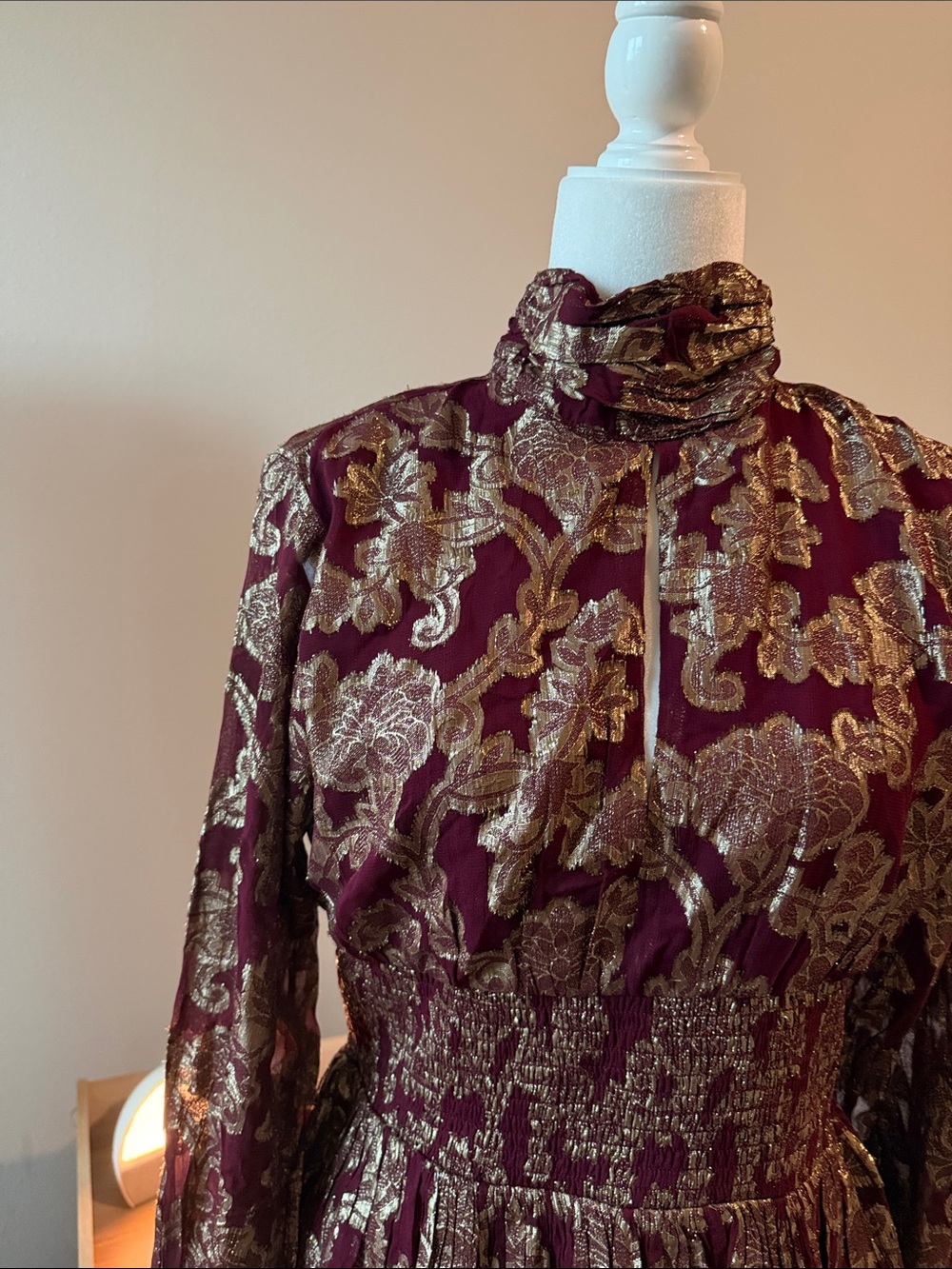 VENUS Burgundy and Gold Metallic Floral High-Neck Blouse